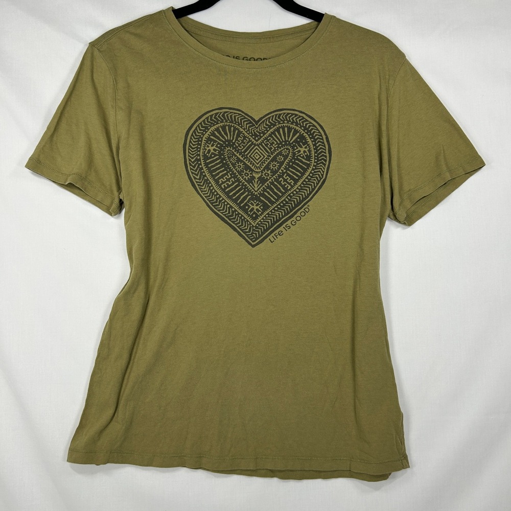 Life is Good Olive Green Tribal Pattern Heart Graphic Tee – Size Small